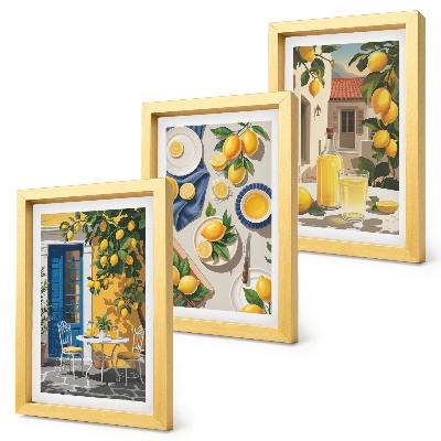 Triptych v ráme Citrónová záhrada s citrónmi a nápojmi na stole