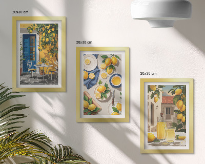 Triptych v ráme Citrónová záhrada s citrónmi a nápojmi na stole