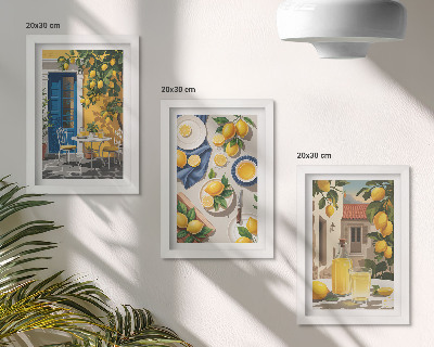 Triptych v ráme Citrónová záhrada s citrónmi a nápojmi na stole