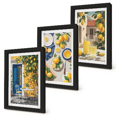 Triptych v ráme Citrónová záhrada s citrónmi a nápojmi na stole