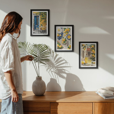 Triptych v ráme Citrónová záhrada s citrónmi a nápojmi na stole