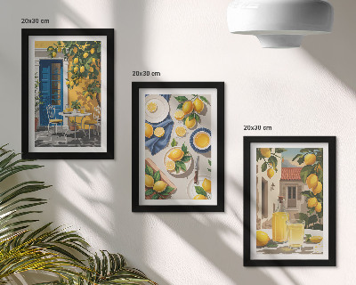 Triptych v ráme Citrónová záhrada s citrónmi a nápojmi na stole