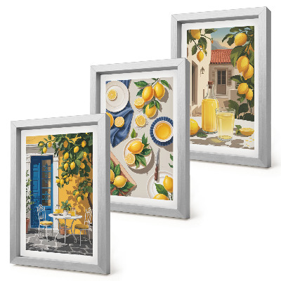 Triptych v ráme Citrónová záhrada s citrónmi a nápojmi na stole