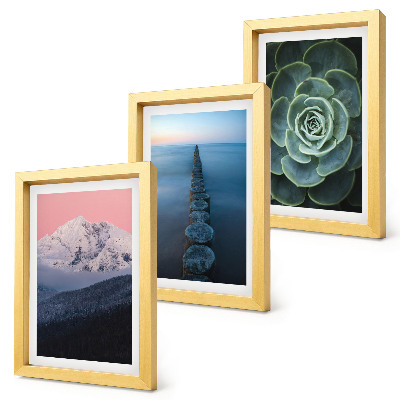 Triptych v ráme Hory s ružovou oblohou, vodou a zelenými sukulentmi