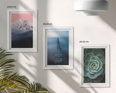 Triptych v ráme Hory s ružovou oblohou, vodou a zelenými sukulentmi