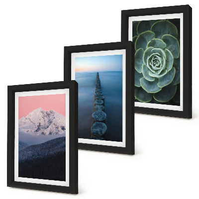 Triptych v ráme Hory s ružovou oblohou, vodou a zelenými sukulentmi