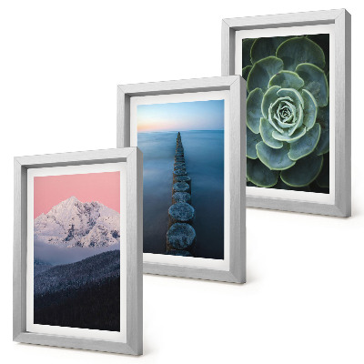 Triptych v ráme Hory s ružovou oblohou, vodou a zelenými sukulentmi