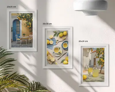 Triptych v ráme citróny s limonádou pri modrých dverách s letným výhľadom