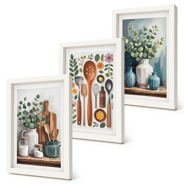 Triptych v ráme Kuchynské doplnky s rastlinami v modernom štýle