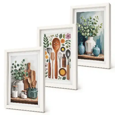 Triptych kuchynské doplnky s rastlinami v modernom štýle v ráme