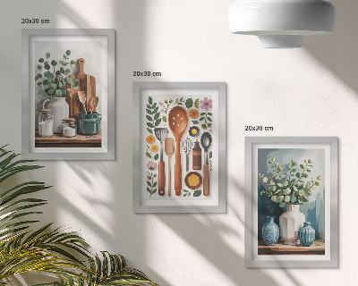 Triptych v ráme Kuchynské doplnky s rastlinami v modernom štýle
