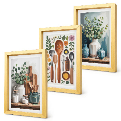 Triptych v ráme Kuchynské doplnky s rastlinami v modernom štýle