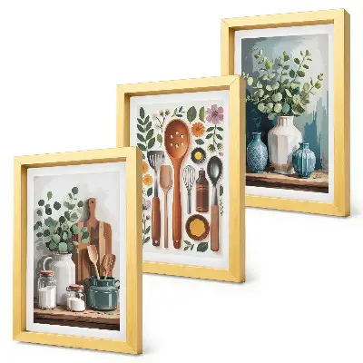 Triptych kuchynské doplnky s rastlinami v modernom štýle v ráme