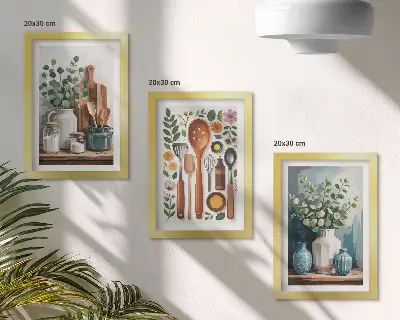 Triptych kuchynské doplnky s rastlinami v modernom štýle v ráme