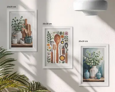 Triptych kuchynské doplnky s rastlinami v modernom štýle v ráme