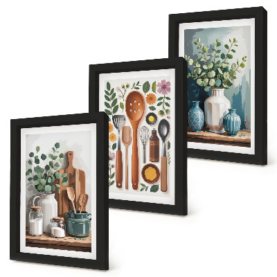 Triptych v ráme Kuchynské doplnky s rastlinami v modernom štýle
