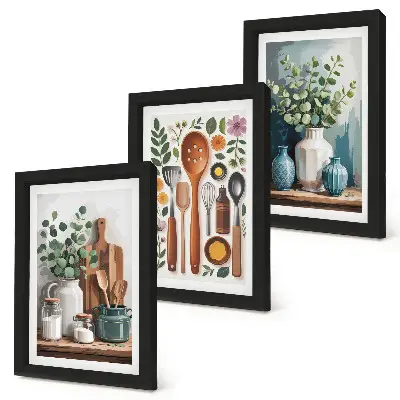 Triptych kuchynské doplnky s rastlinami v modernom štýle v ráme