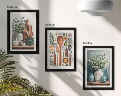 Triptych kuchynské doplnky s rastlinami v modernom štýle v ráme