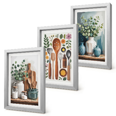 Triptych v ráme Kuchynské doplnky s rastlinami v modernom štýle
