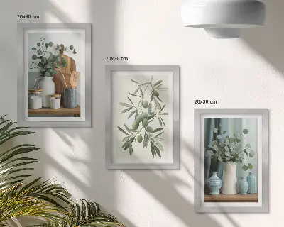 Estetika zelených olív a eukalyptových konárov triptych v ráme