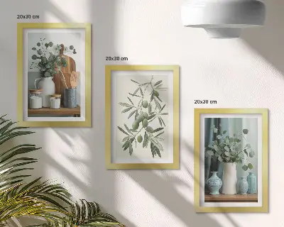 Estetika zelených olív a eukalyptových konárov triptych v ráme