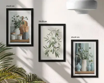 Estetika zelených olív a eukalyptových konárov triptych v ráme