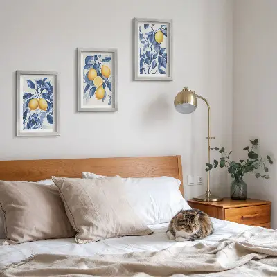 Citróny na konároch s modrými listami triptych v ráme