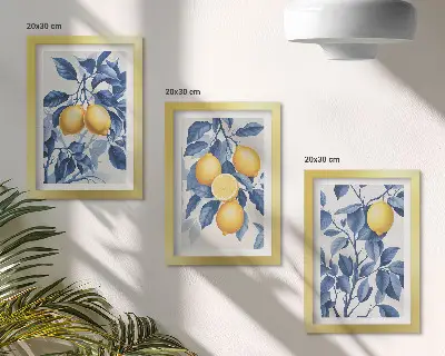 Citróny na konároch s modrými listami triptych v ráme