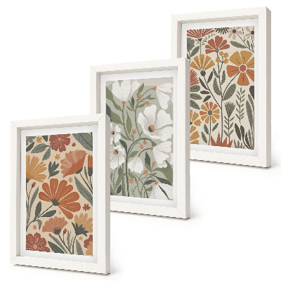 Triptych v ráme Kvetinové vzory v odtieňoch oranžovej a zelenej