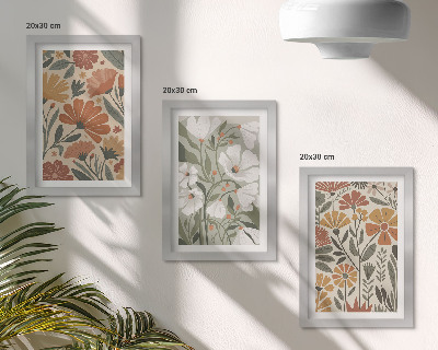 Triptych v ráme Kvetinové vzory v odtieňoch oranžovej a zelenej
