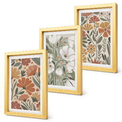 Triptych v ráme Kvetinové vzory v odtieňoch oranžovej a zelenej