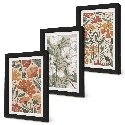 Triptych v ráme Kvetinové vzory v odtieňoch oranžovej a zelenej
