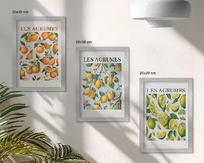 Sada obrazov do obývačky s ovocnými citrusovými vzormi v pastelových farbách