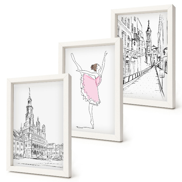 Triptych v ráme Štýlové obrazy tancujúcich baleriniek a architektúry