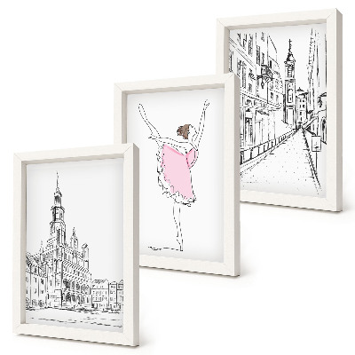 Triptych v ráme Štýlové obrazy tancujúcich baleriniek a architektúry
