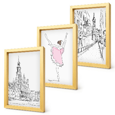 Triptych v ráme Štýlové obrazy tancujúcich baleriniek a architektúry