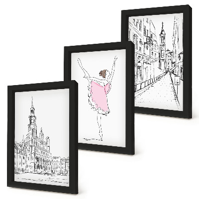 Triptych v ráme Štýlové obrazy tancujúcich baleriniek a architektúry