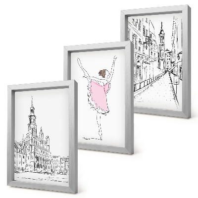 Triptych v ráme Štýlové obrazy tancujúcich baleriniek a architektúry