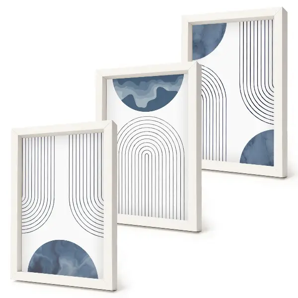 Abstraktné vzory v odtieňoch modrej a bielej triptych v ráme