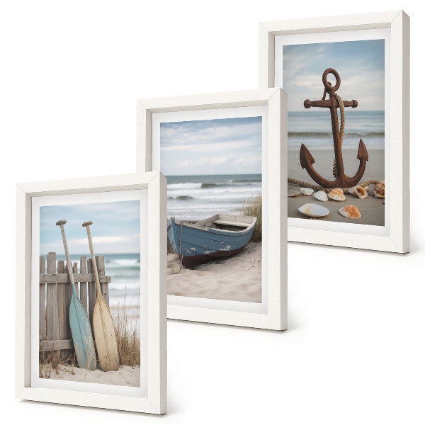 Triptych v ráme Pláž s vesličkou a kotvou v piesku
