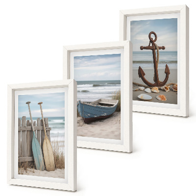 Triptych v ráme Pláž s vesličkou a kotvou v piesku