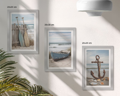 Triptych v ráme Pláž s vesličkou a kotvou v piesku