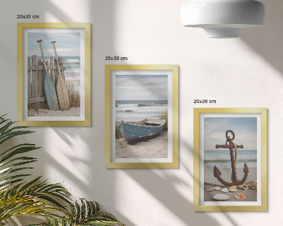 Triptych v ráme Pláž s vesličkou a kotvou v piesku
