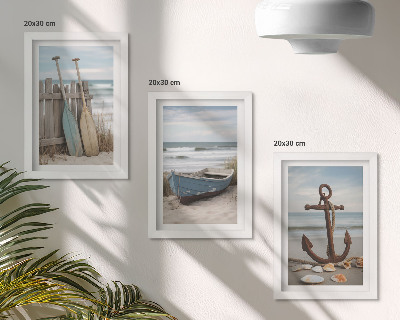 Triptych v ráme Pláž s vesličkou a kotvou v piesku