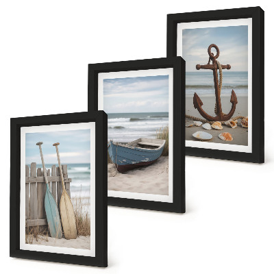 Triptych v ráme Pláž s vesličkou a kotvou v piesku