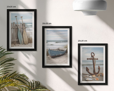 Triptych v ráme Pláž s vesličkou a kotvou v piesku