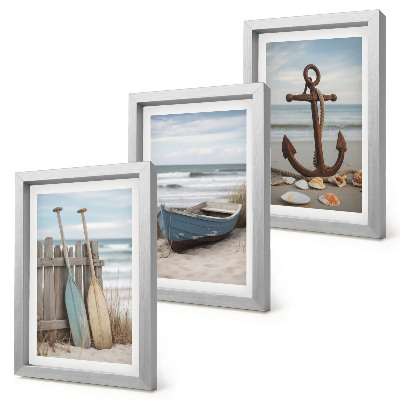 Triptych v ráme Pláž s vesličkou a kotvou v piesku