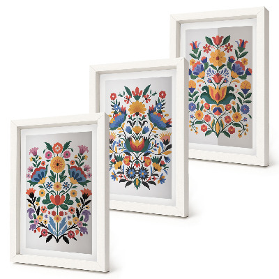 Triptych v ráme Kvetinové vzory v intenzívnych farbách na bielom pozadí