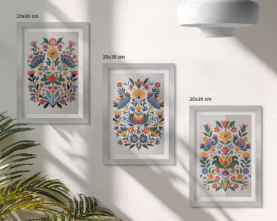 Triptych v ráme Kvetinové vzory v intenzívnych farbách na bielom pozadí