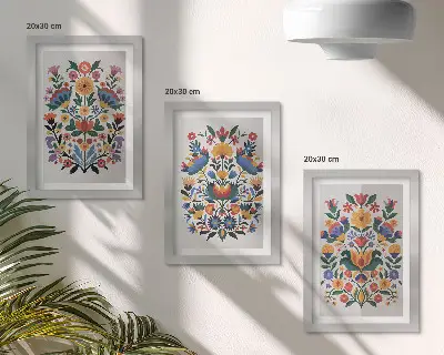 Kvetinové vzory v intenzívnych farbách na bielom pozadí triptych v ráme